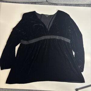 Eileen Fisher Black Velvet Blouse Top V-Neck Medium Whimsigoth Cinch Waist